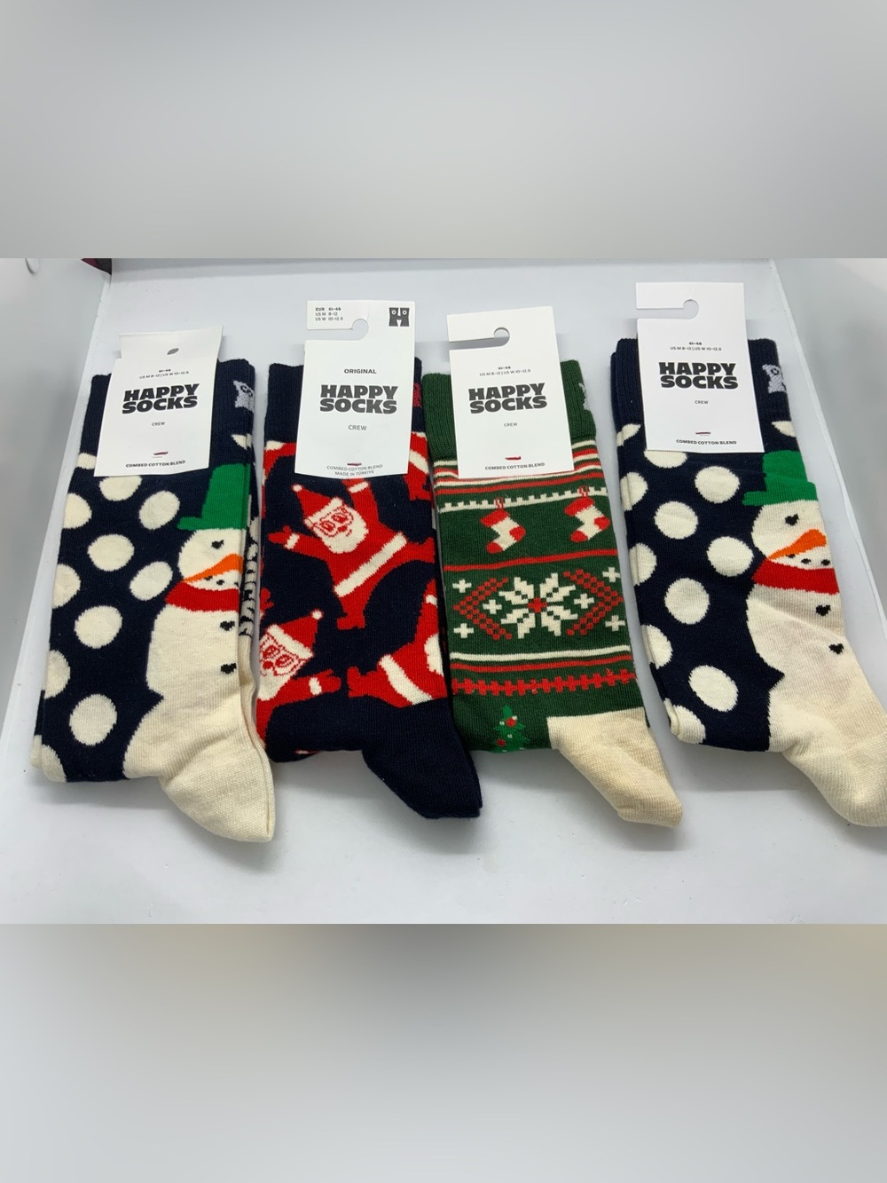 (4) Happy Socks Men's Christmas Pattern Crew Socks - Navy, Red, Green, Cream